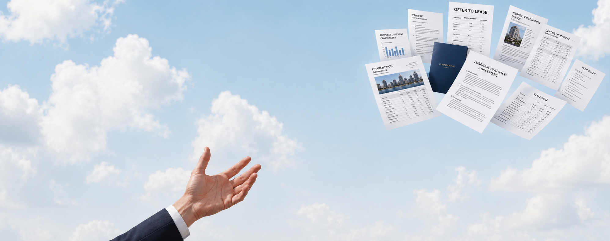 A broker's hand releasing a flurry of deal documents — offers, LOIs, term sheets, rent rolls — into the sky